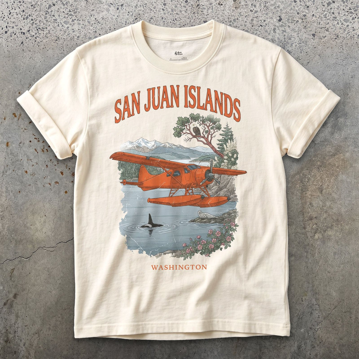 San Juan Islands Bush Plane design on a Natural Gildan Softstyle t-shirt
