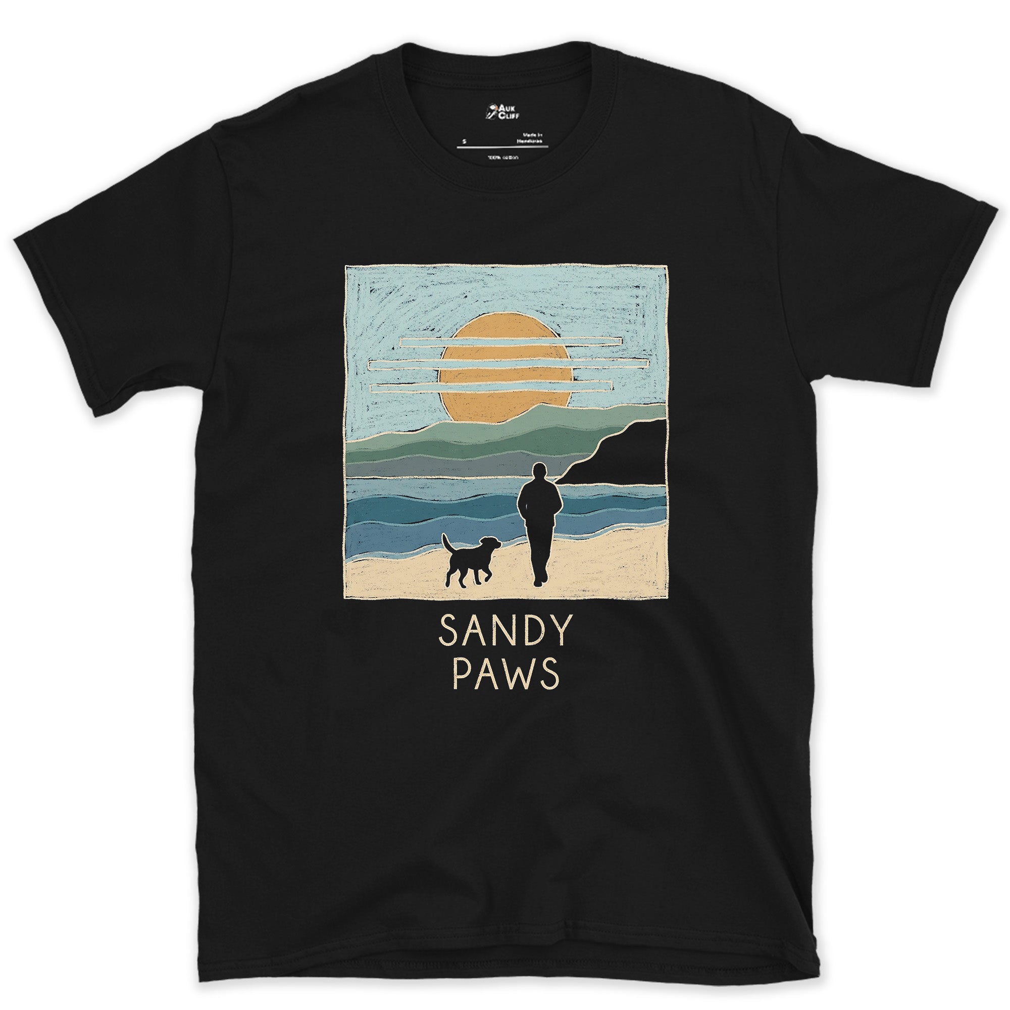 Sandy Paws on the Headland design on a Black Gildan Softstyle t-shirt