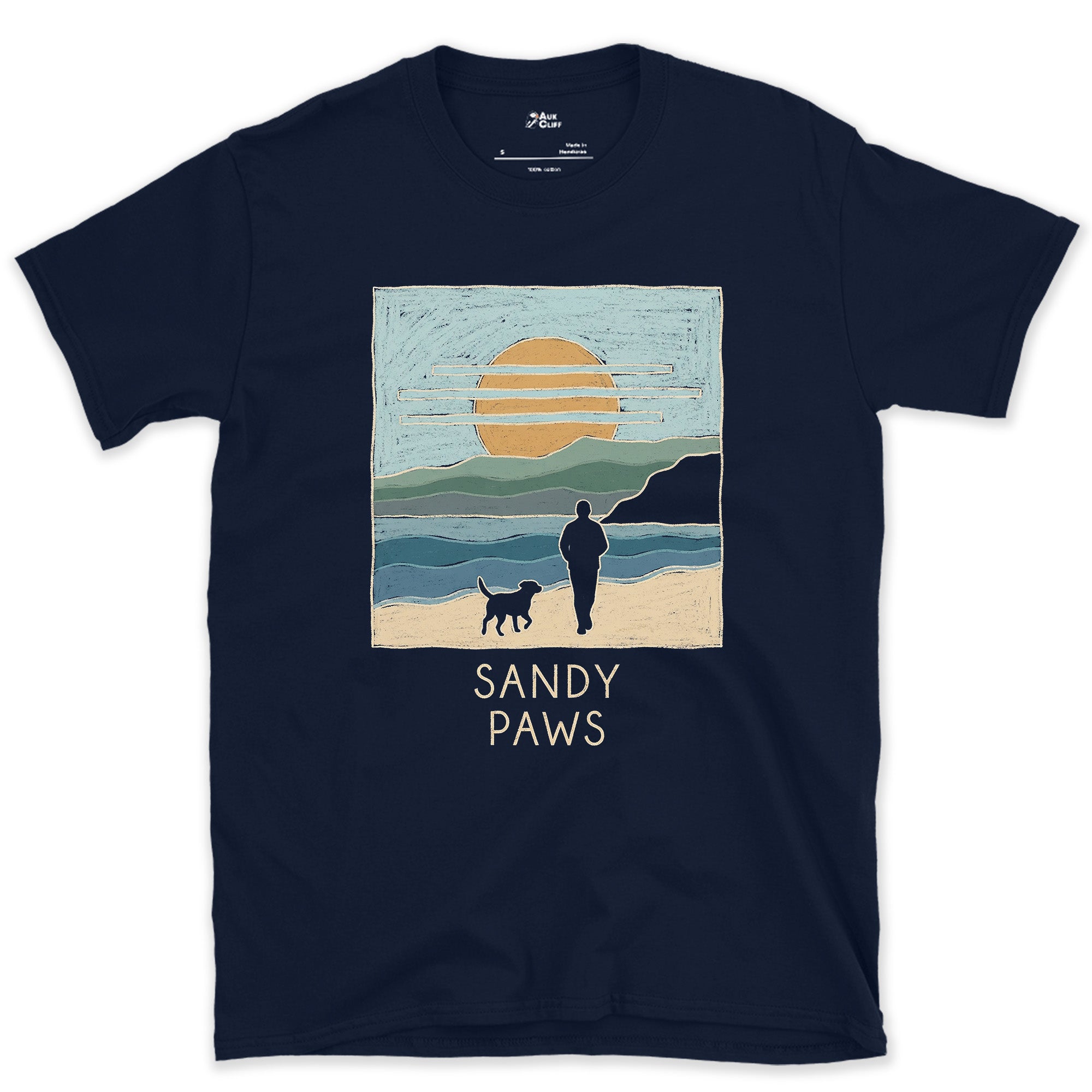 Sandy Paws on the Headland design on a Navy Gildan Softstyle t-shirt