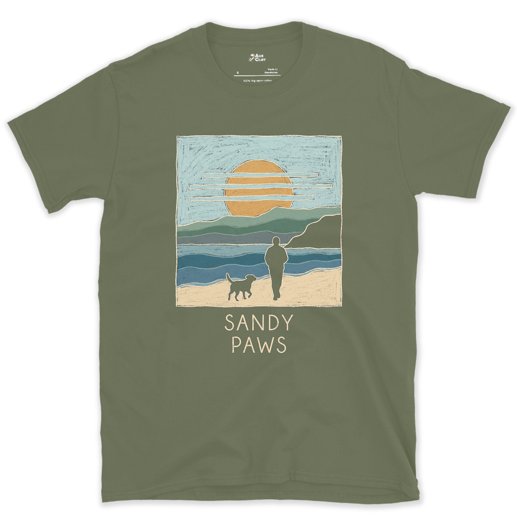 Sandy Paws on the Headland design on a Military Green Gildan Softstyle t-shirt