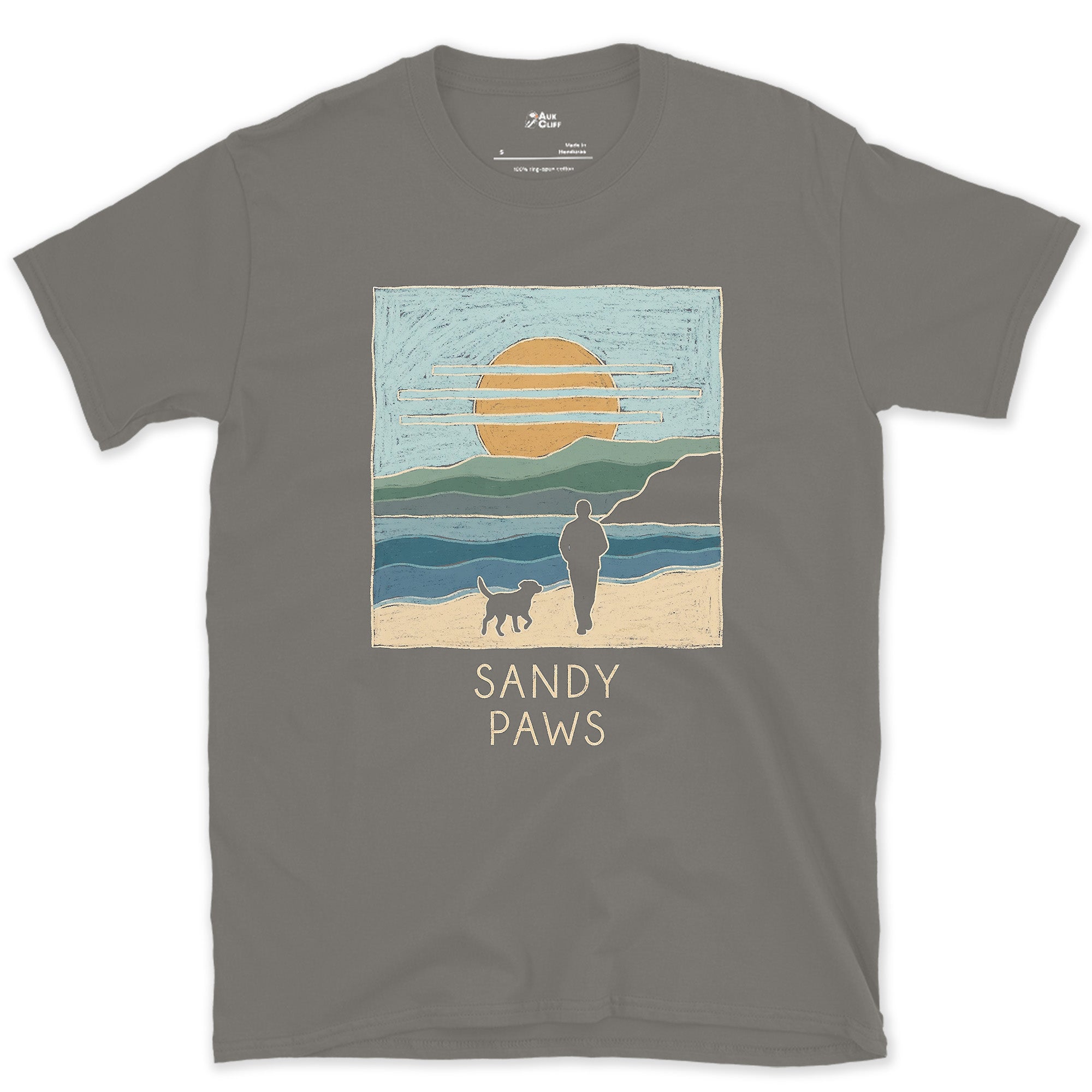Sandy Paws on the Headland design on a Charcoal Gildan Softstyle t-shirt