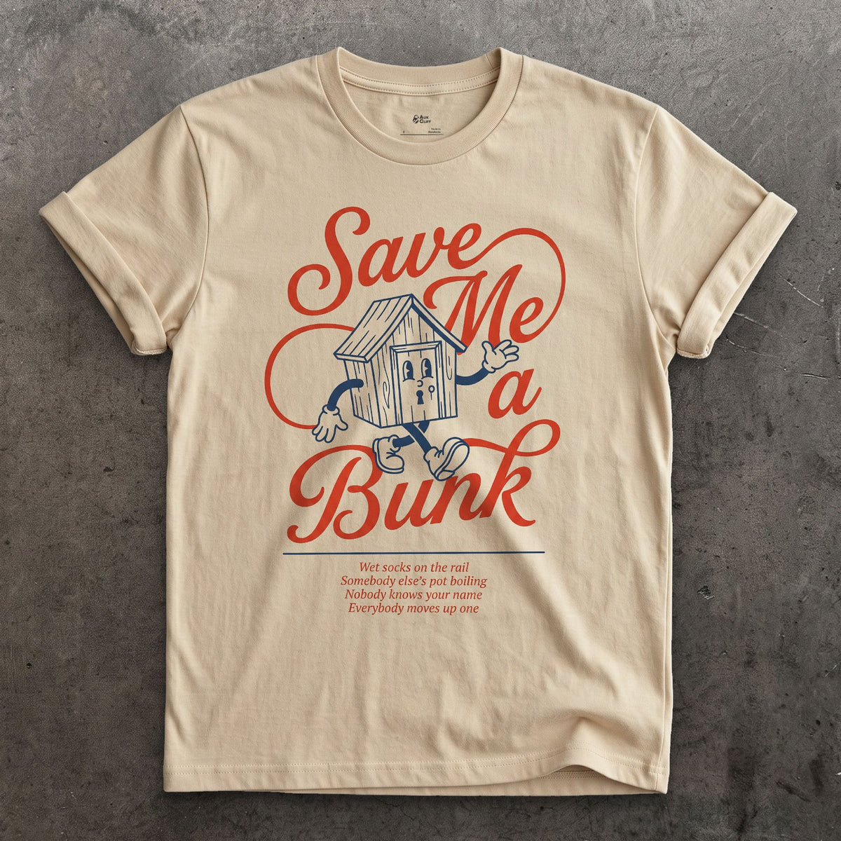Save Me a Bunk, Camp Cabin Porch design on a Sand Gildan Softstyle t-shirt