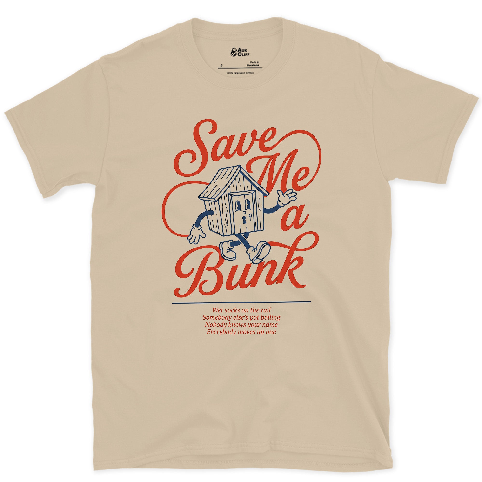 Save Me a Bunk, Camp Cabin Porch design on a Sand Gildan Softstyle t-shirt