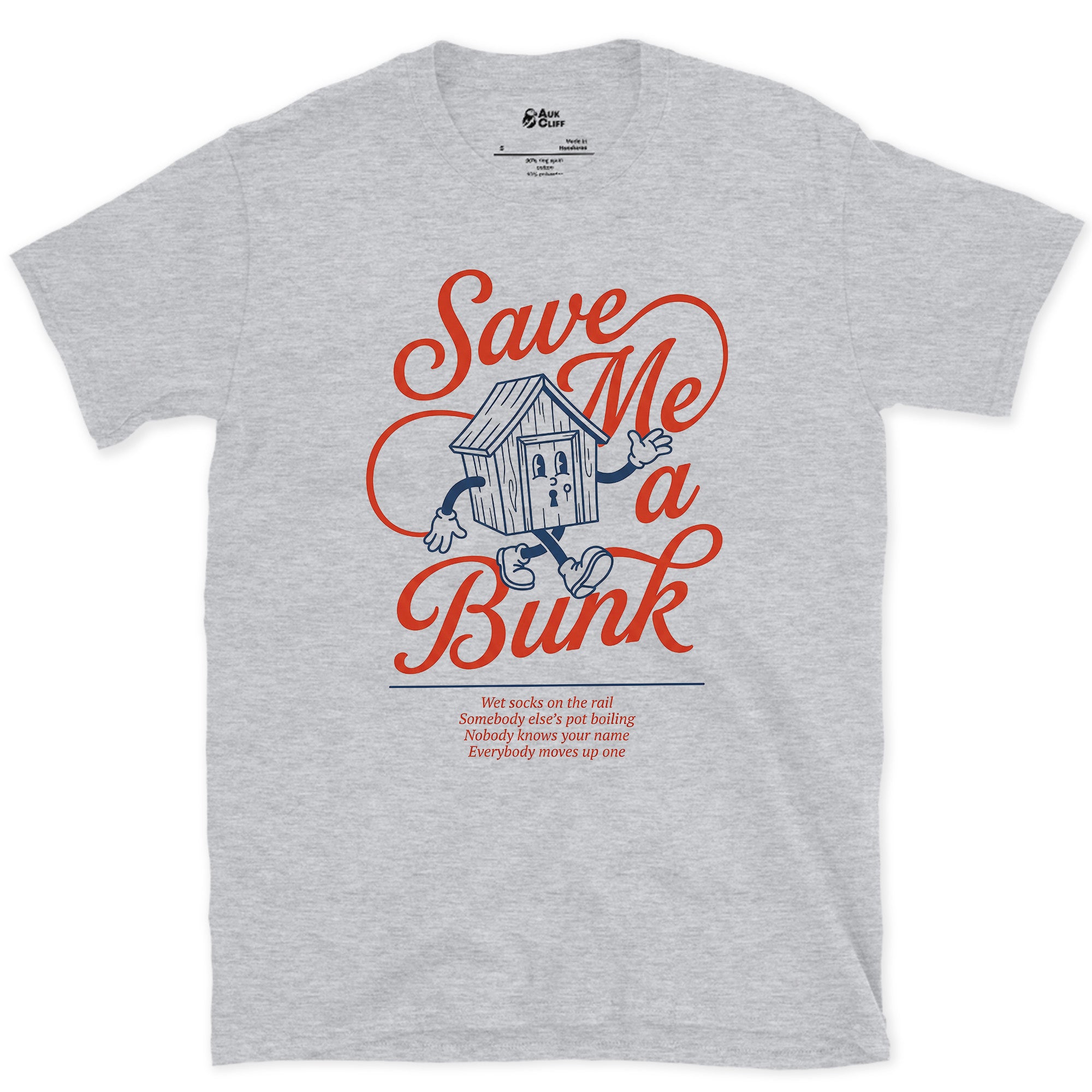 Save Me a Bunk, Camp Cabin Porch design on a Sport Grey Gildan Softstyle t-shirt