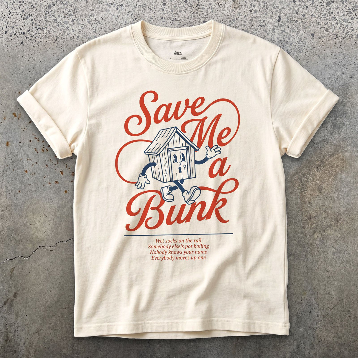 Save Me a Bunk, Camp Cabin Porch design on a Natural Gildan Softstyle t-shirt