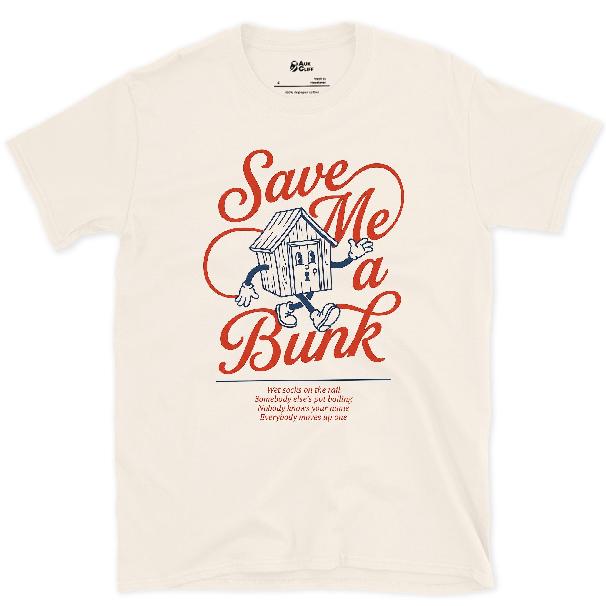 Save Me a Bunk, Camp Cabin Porch design on a Natural Gildan Softstyle t-shirt