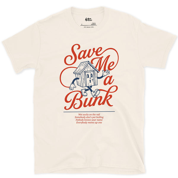 Save Me a Bunk, Camp Cabin Porch design on a Natural Gildan Softstyle t-shirt