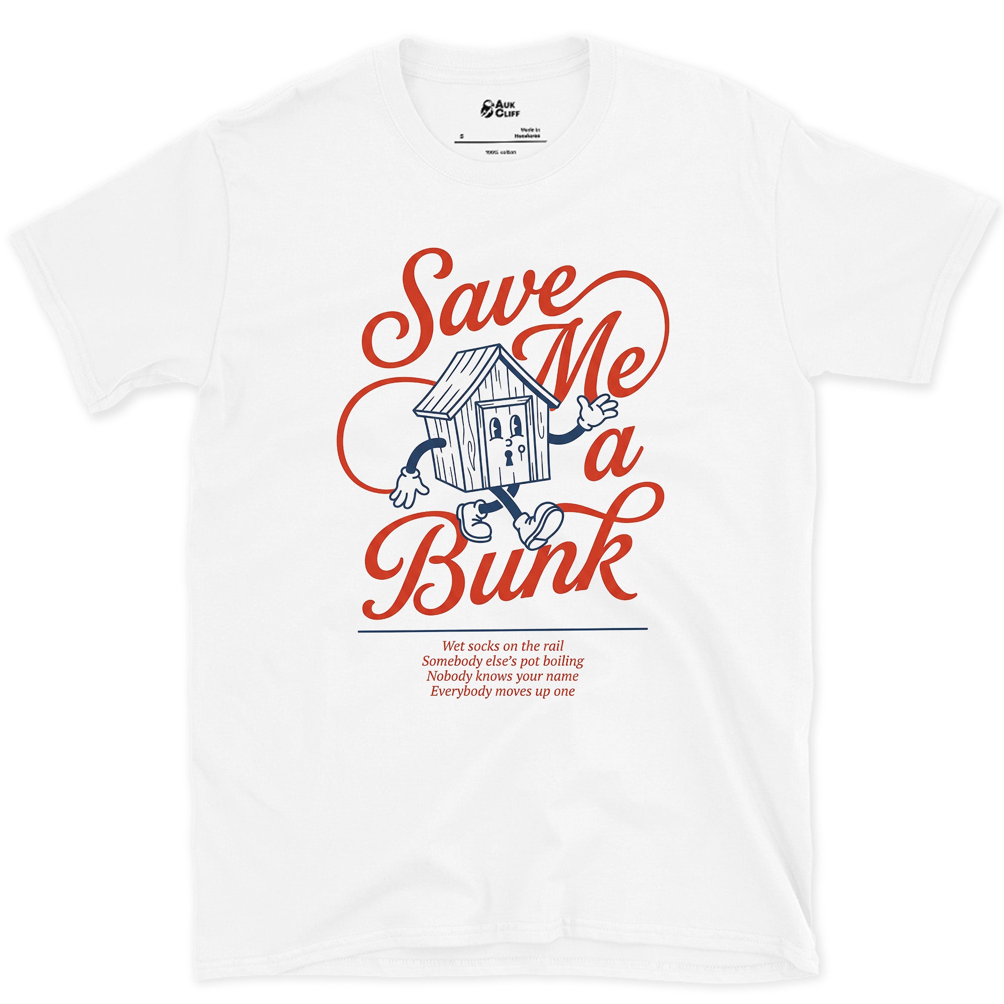 Save Me a Bunk, Camp Cabin Porch design on a White Gildan Softstyle t-shirt