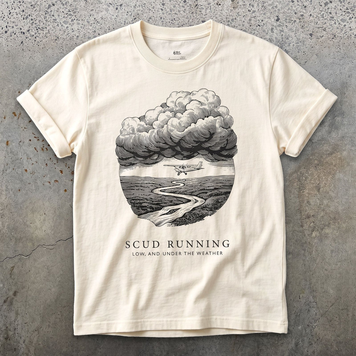 Scud Running, Low Under the Weather design on a Natural Gildan Softstyle t-shirt