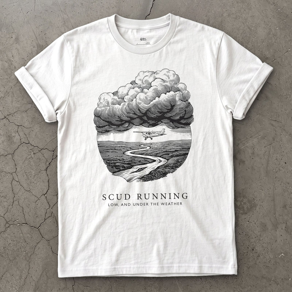 Scud Running, Low Under the Weather design on a White Gildan Softstyle t-shirt