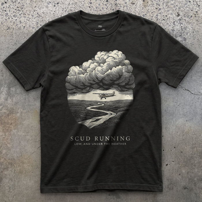 Scud Running, Low Under the Weather design on a Black Gildan Softstyle t-shirt