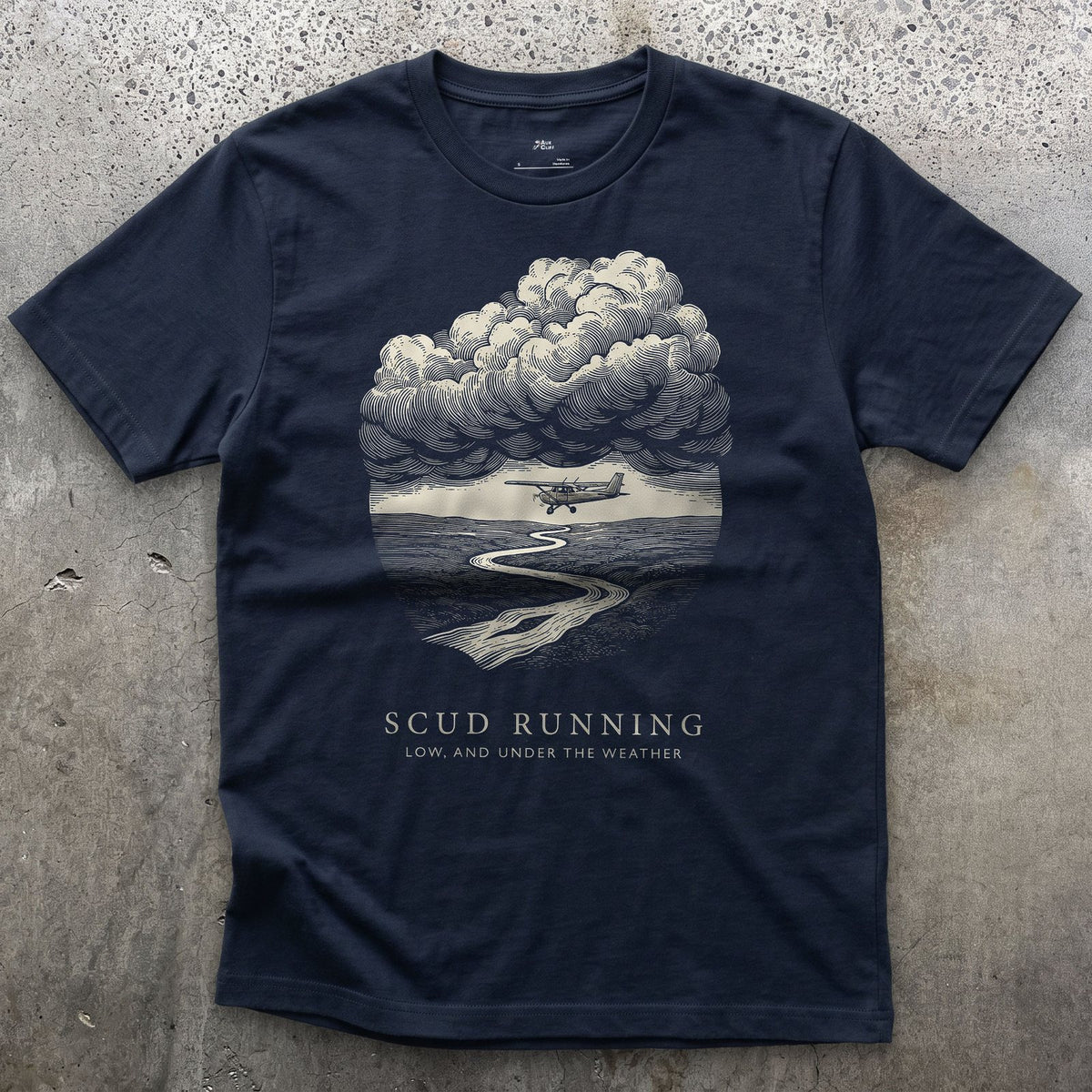 Scud Running, Low Under the Weather design on a Navy Gildan Softstyle t-shirt