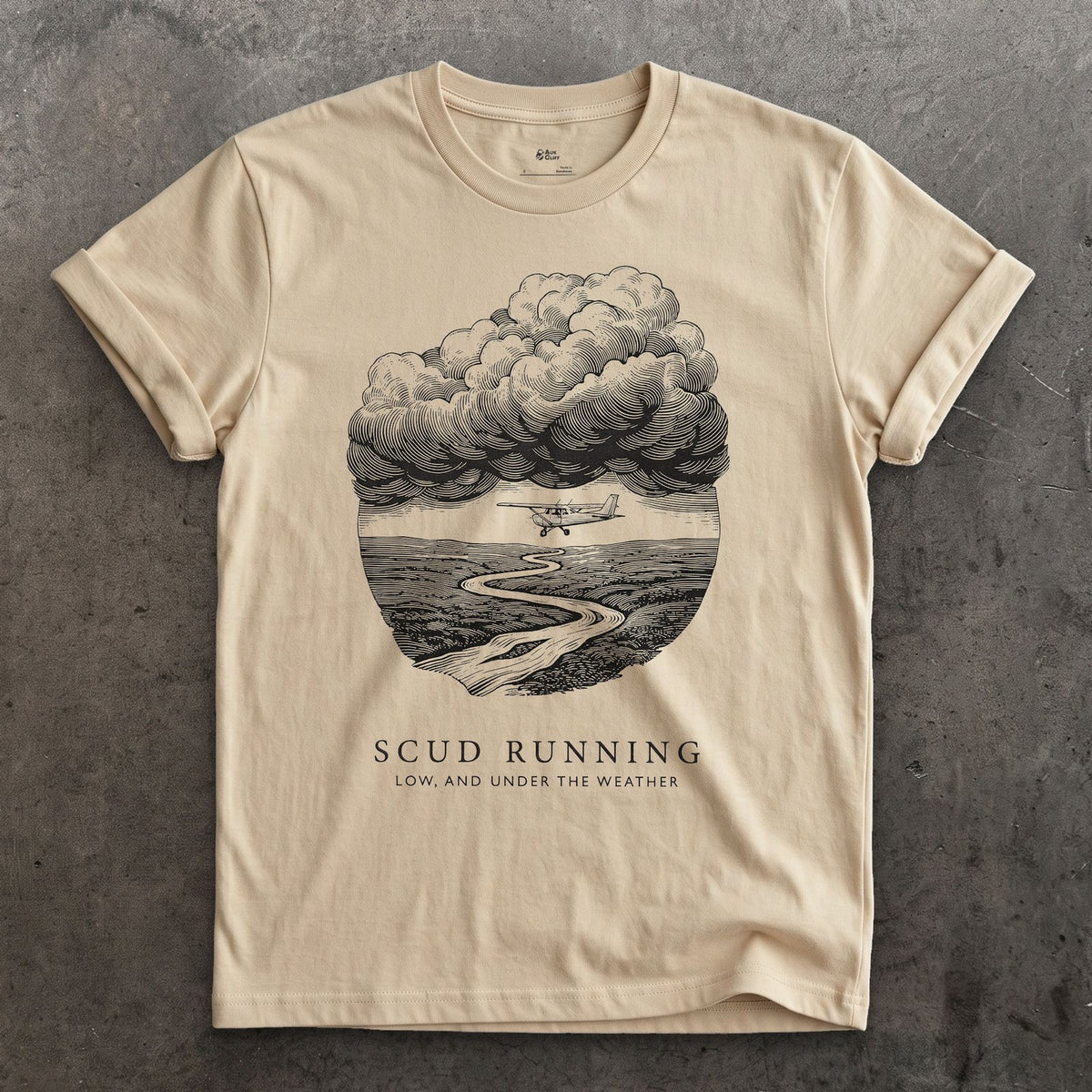 Scud Running, Low Under the Weather design on a Sand Gildan Softstyle t-shirt