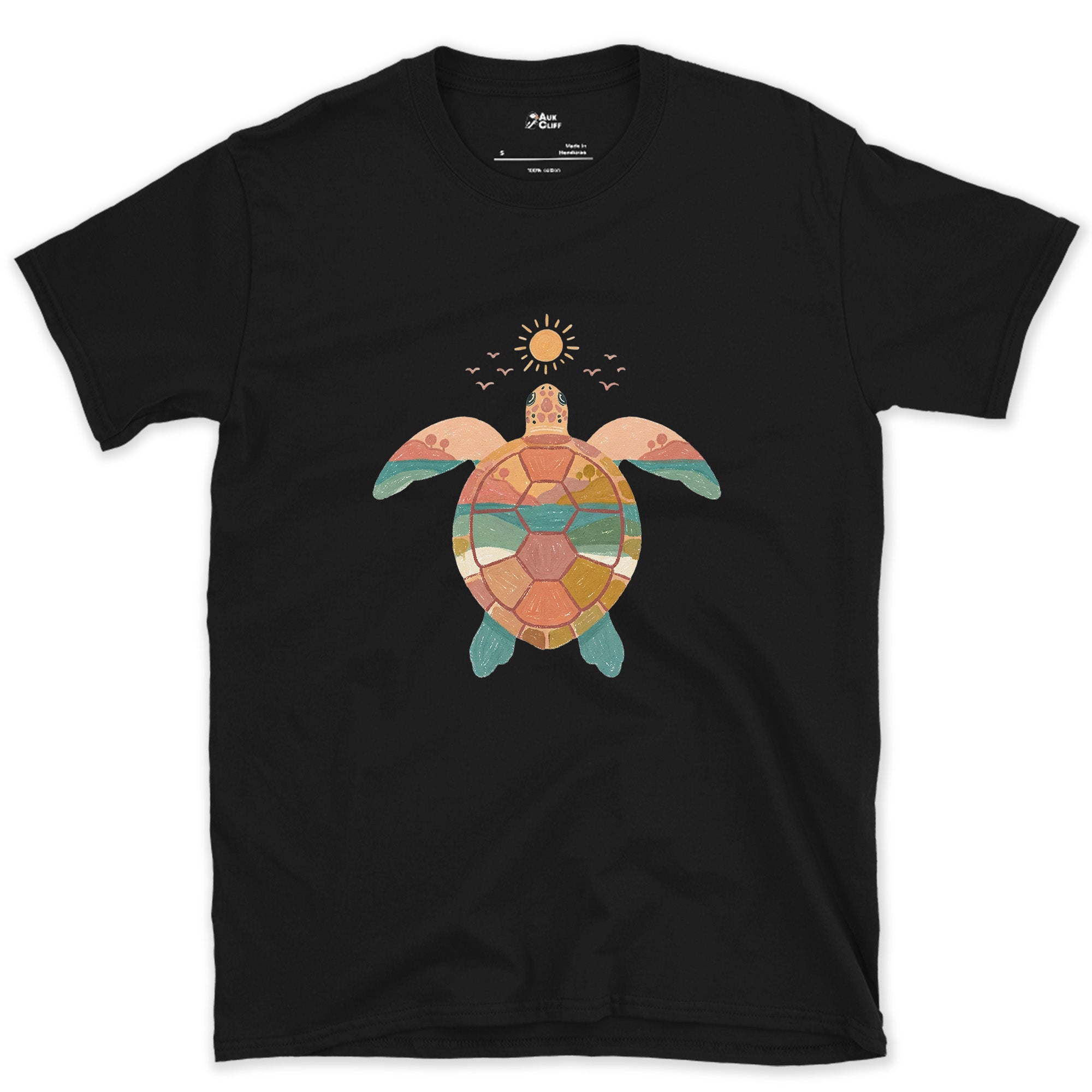 Sunset Beach Tucked Inside a Turtle Shell design on a Black Gildan Softstyle t-shirt