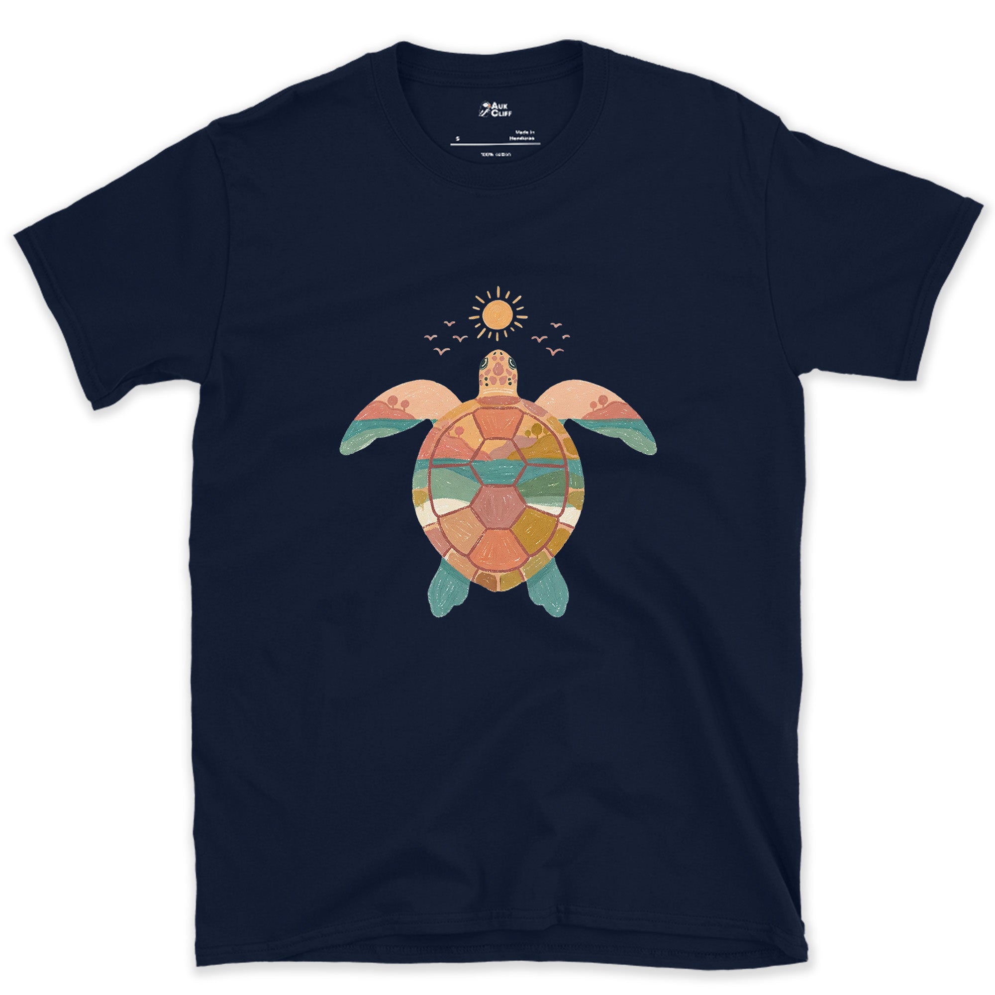 Sunset Beach Tucked Inside a Turtle Shell design on a Navy Gildan Softstyle t-shirt