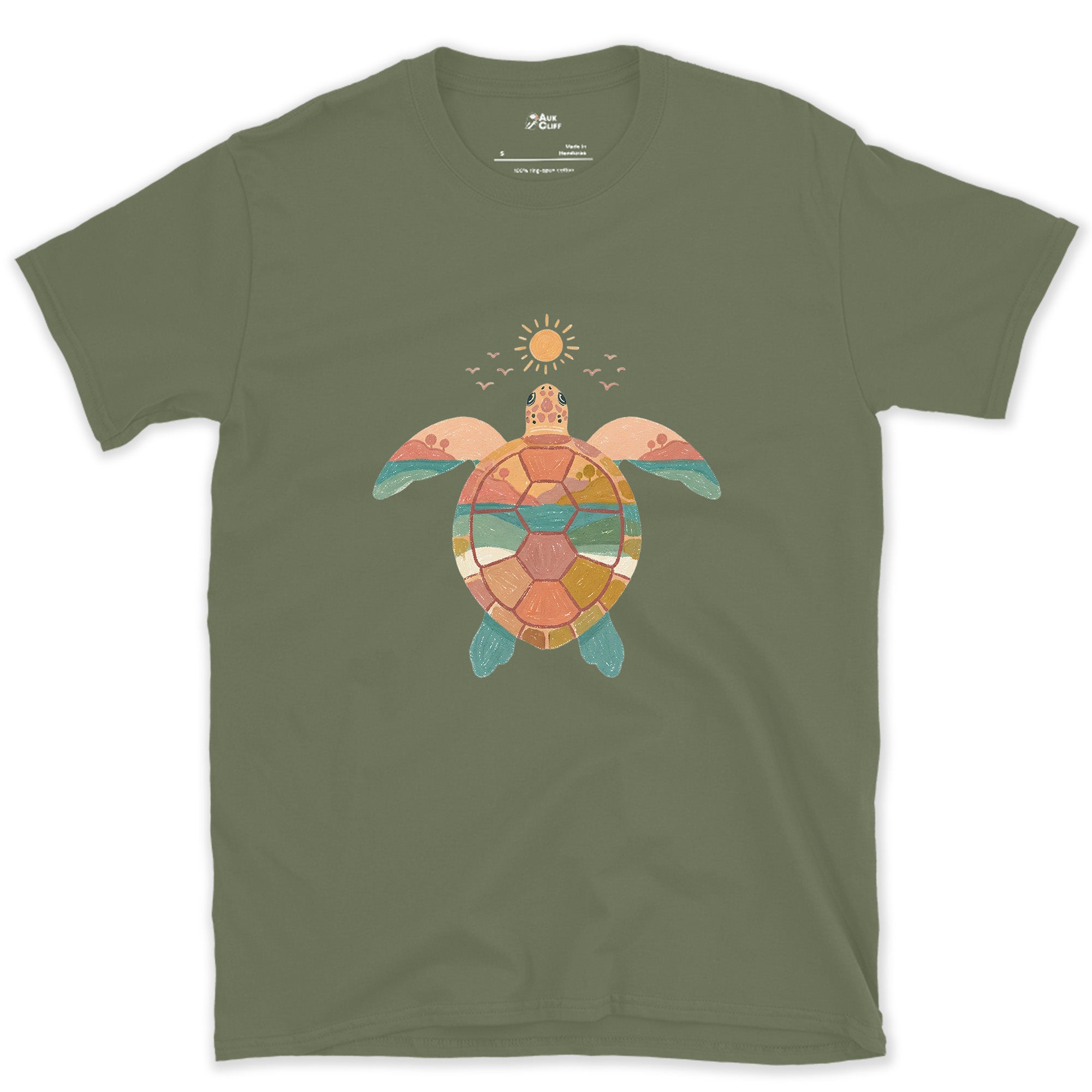 Sunset Beach Tucked Inside a Turtle Shell design on a Military Green Gildan Softstyle t-shirt