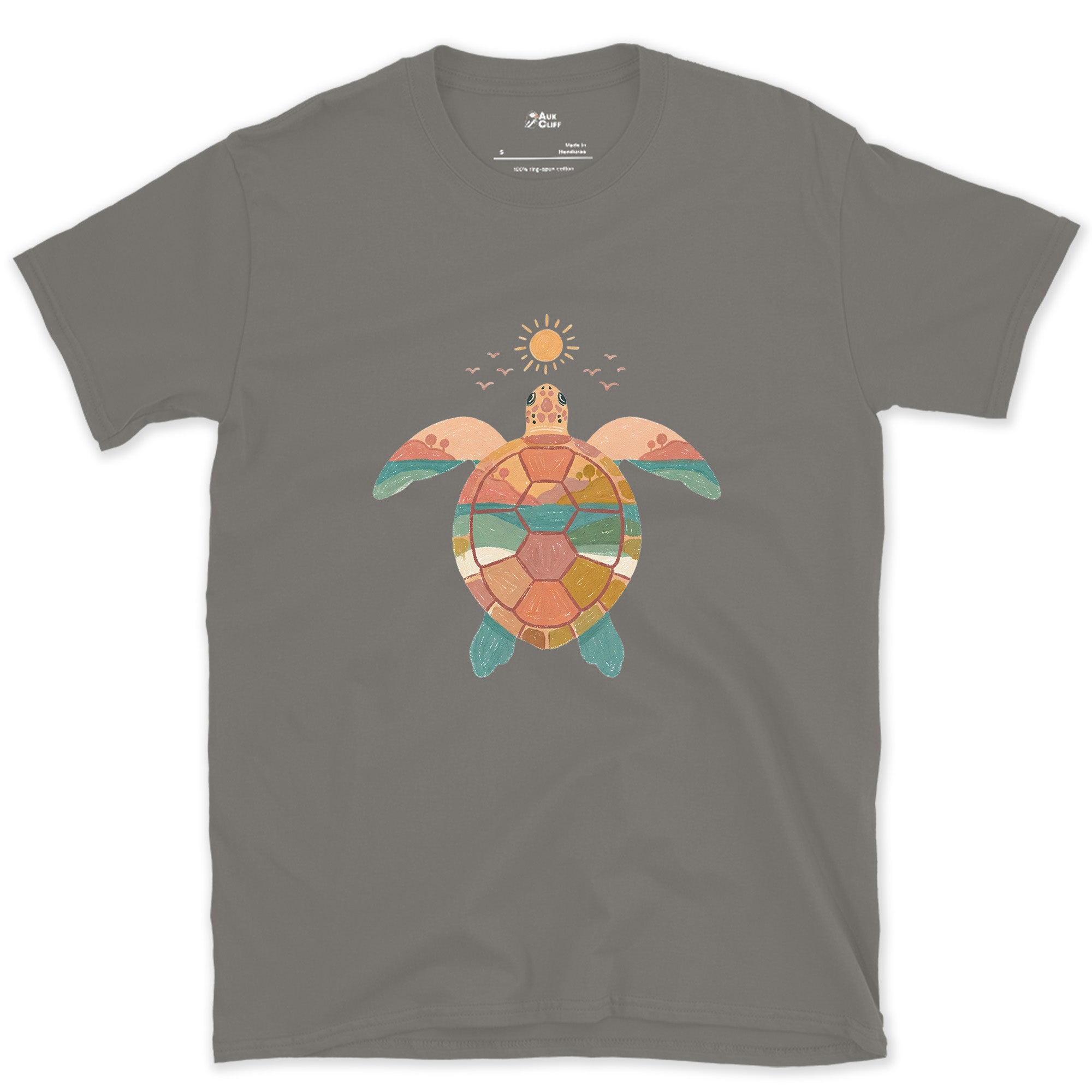 Sunset Beach Tucked Inside a Turtle Shell design on a Charcoal Gildan Softstyle t-shirt