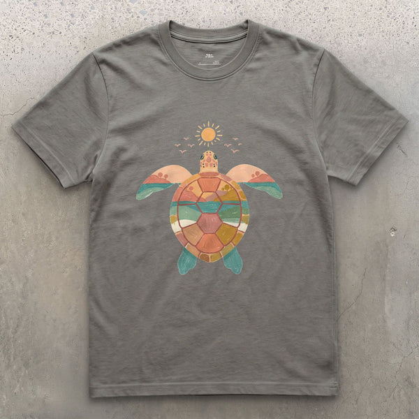 Sunset Beach Tucked Inside a Turtle Shell design on a Charcoal Gildan Softstyle t-shirt