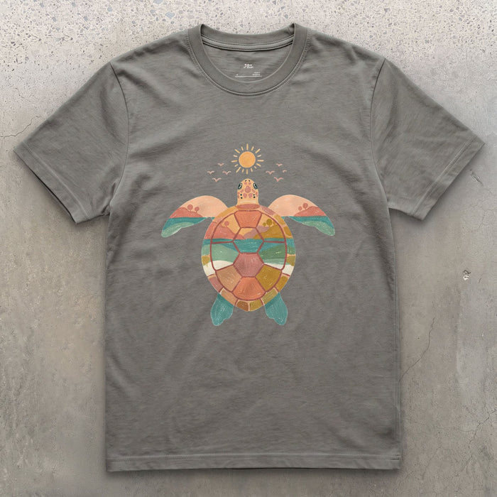 Sunset Beach Tucked Inside a Turtle Shell design on a Charcoal Gildan Softstyle t-shirt