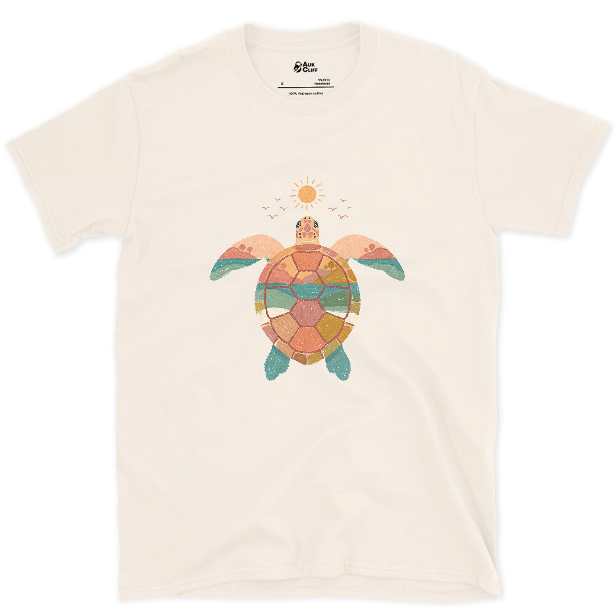 Sunset Beach Tucked Inside a Turtle Shell design on a Natural Gildan Softstyle t-shirt