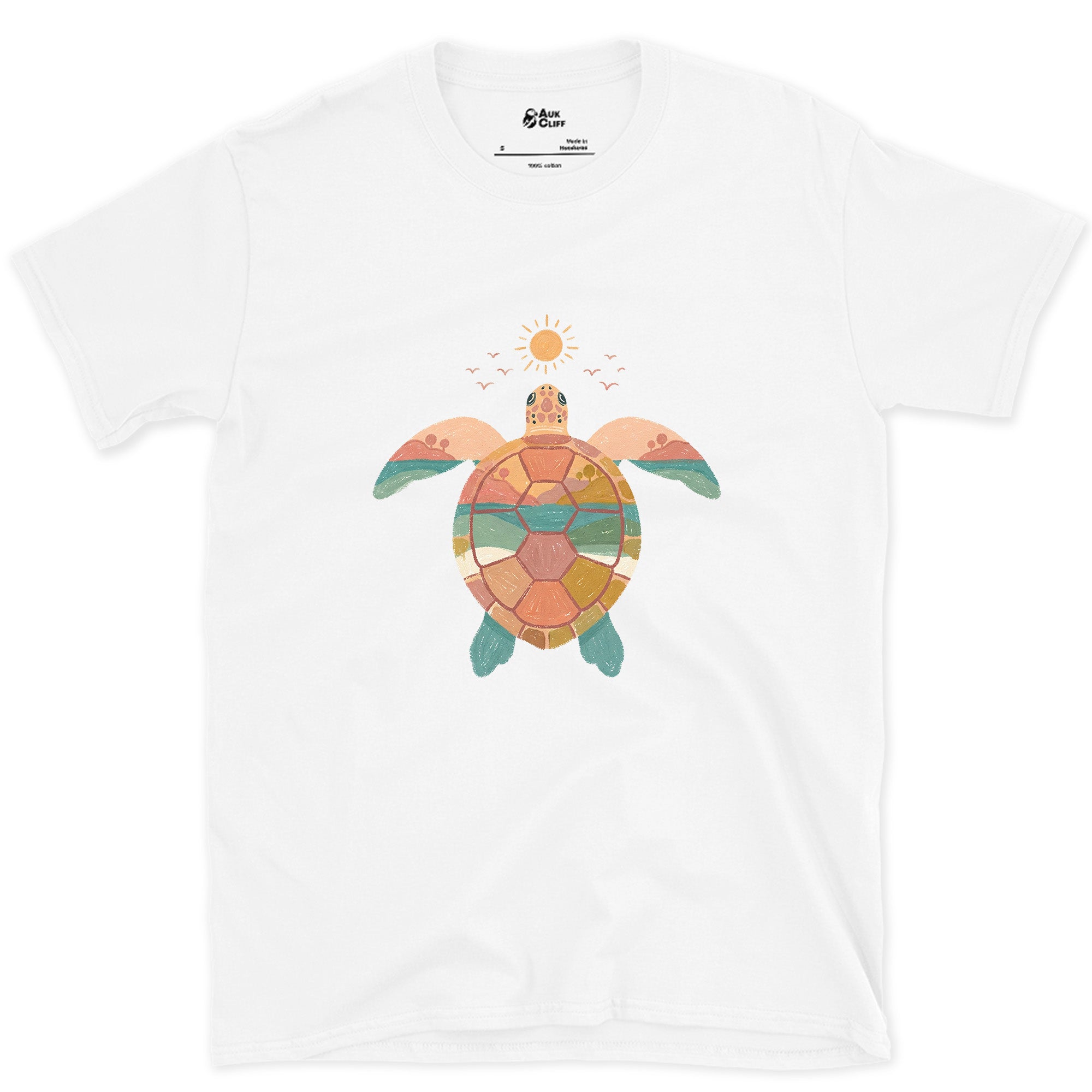 Sunset Beach Tucked Inside a Turtle Shell design on a White Gildan Softstyle t-shirt