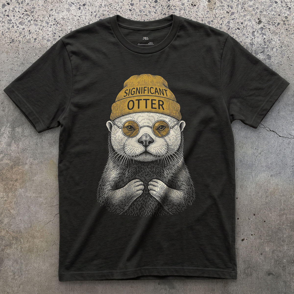 Significant Otter, Sea Otter in a Beanie design on a Black Gildan Softstyle t-shirt