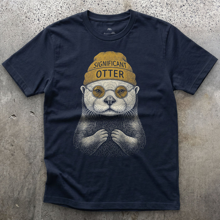 Significant Otter, Sea Otter in a Beanie design on a Navy Gildan Softstyle t-shirt