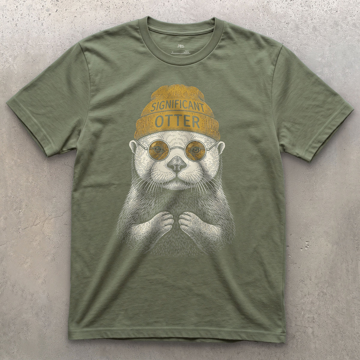 Significant Otter, Sea Otter in a Beanie design on a Military Green Gildan Softstyle t-shirt