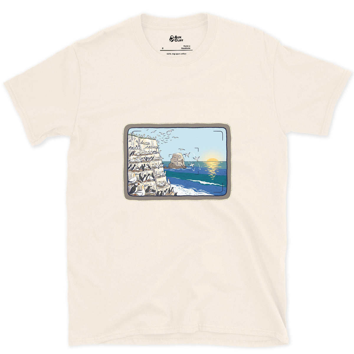 Seabird Colony Through the Viewfinder design on a Natural Gildan Softstyle t-shirt