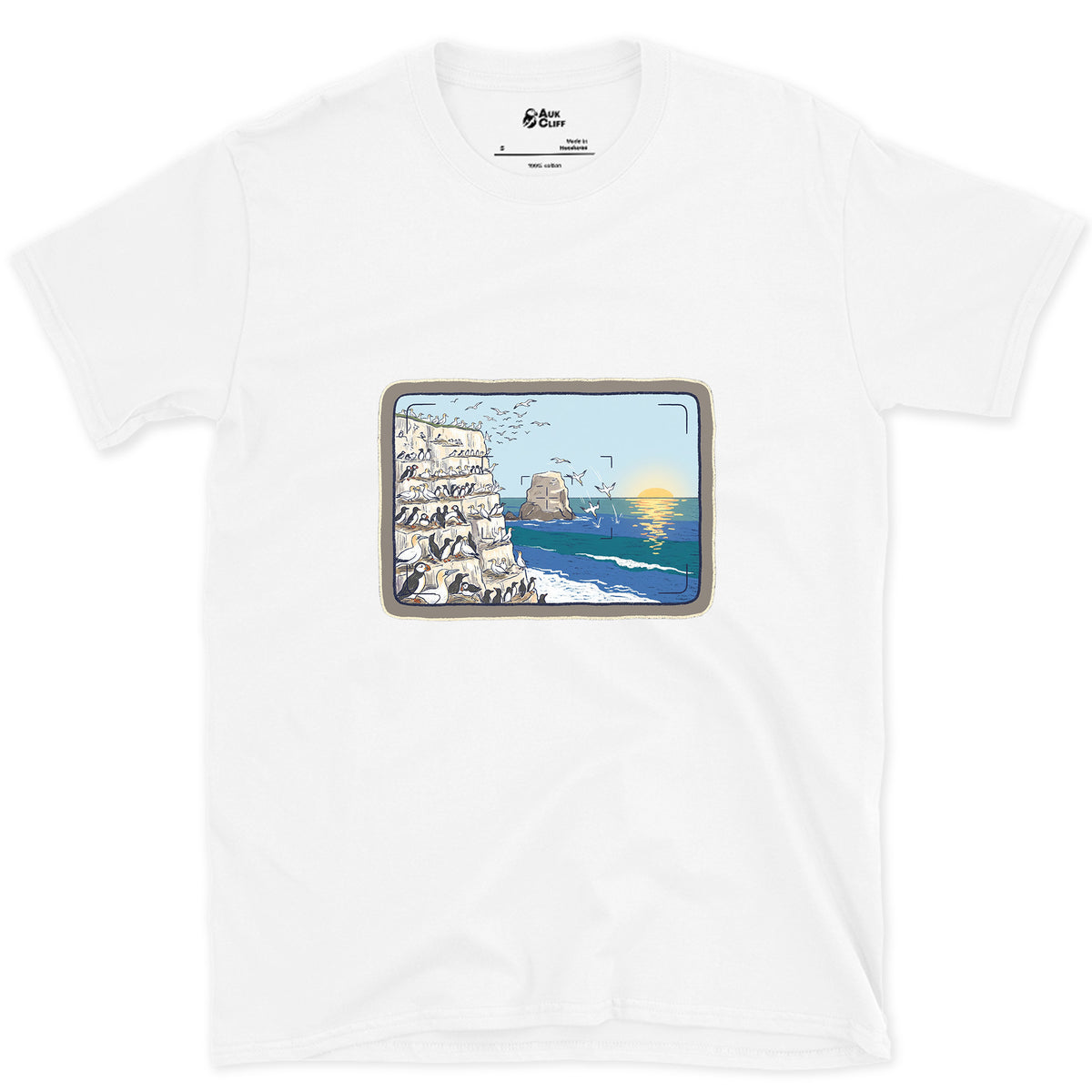 Seabird Colony Through the Viewfinder design on a White Gildan Softstyle t-shirt