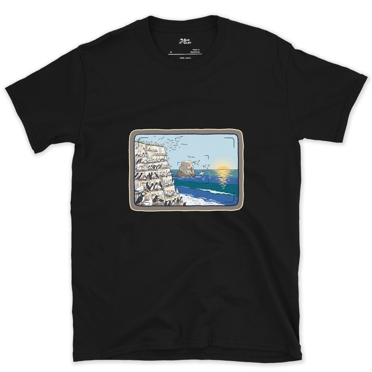 Seabird Colony Through the Viewfinder design on a Black Gildan Softstyle t-shirt