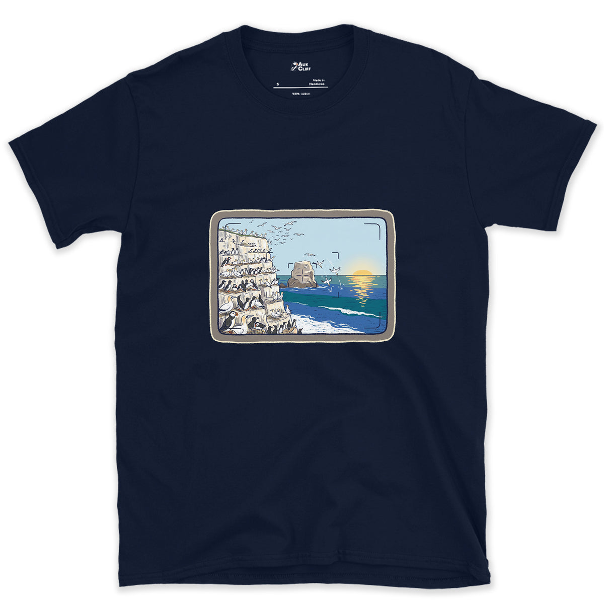 Seabird Colony Through the Viewfinder design on a Navy Gildan Softstyle t-shirt