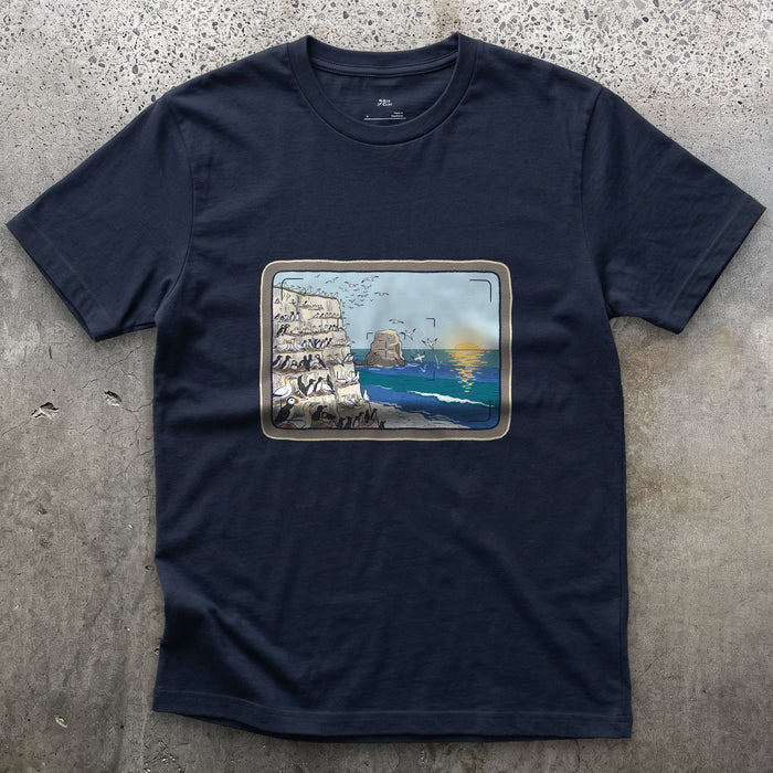 Seabird Colony Through the Viewfinder design on a Navy Gildan Softstyle t-shirt