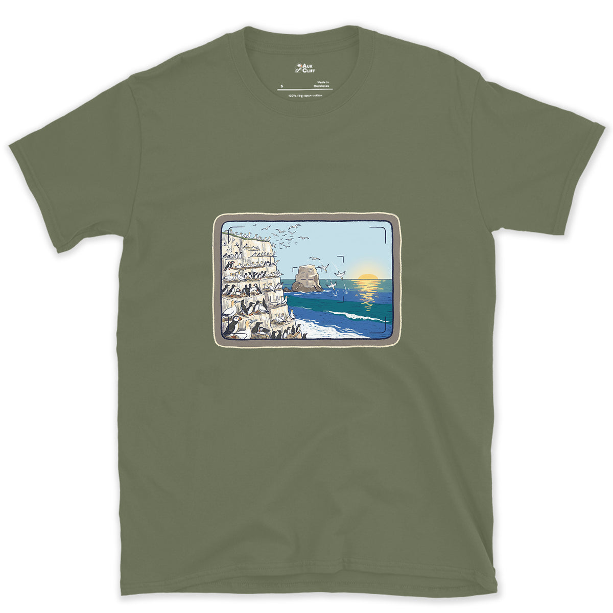 Seabird Colony Through the Viewfinder design on a Military Green Gildan Softstyle t-shirt