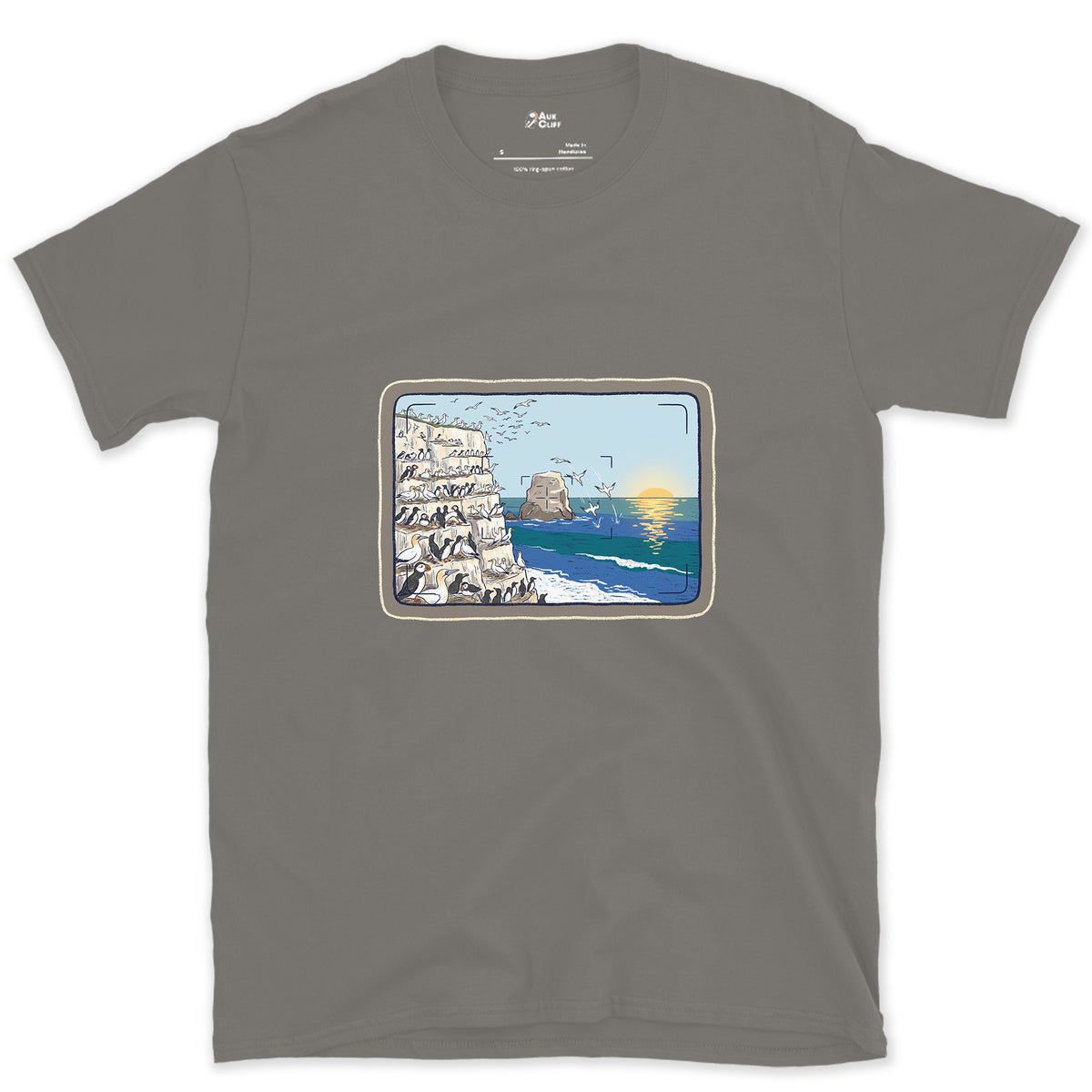 Seabird Colony Through the Viewfinder design on a Charcoal Gildan Softstyle t-shirt