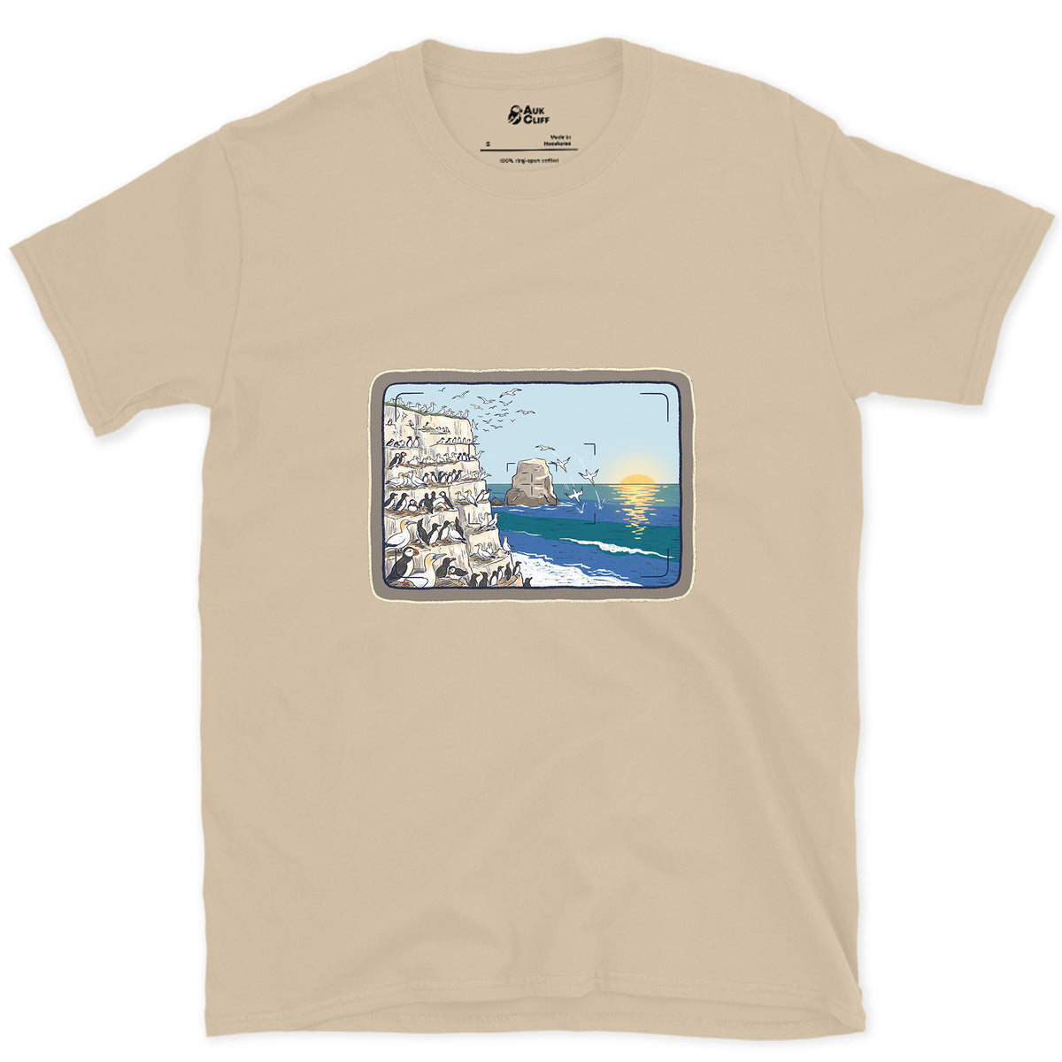 Seabird Colony Through the Viewfinder design on a Sand Gildan Softstyle t-shirt