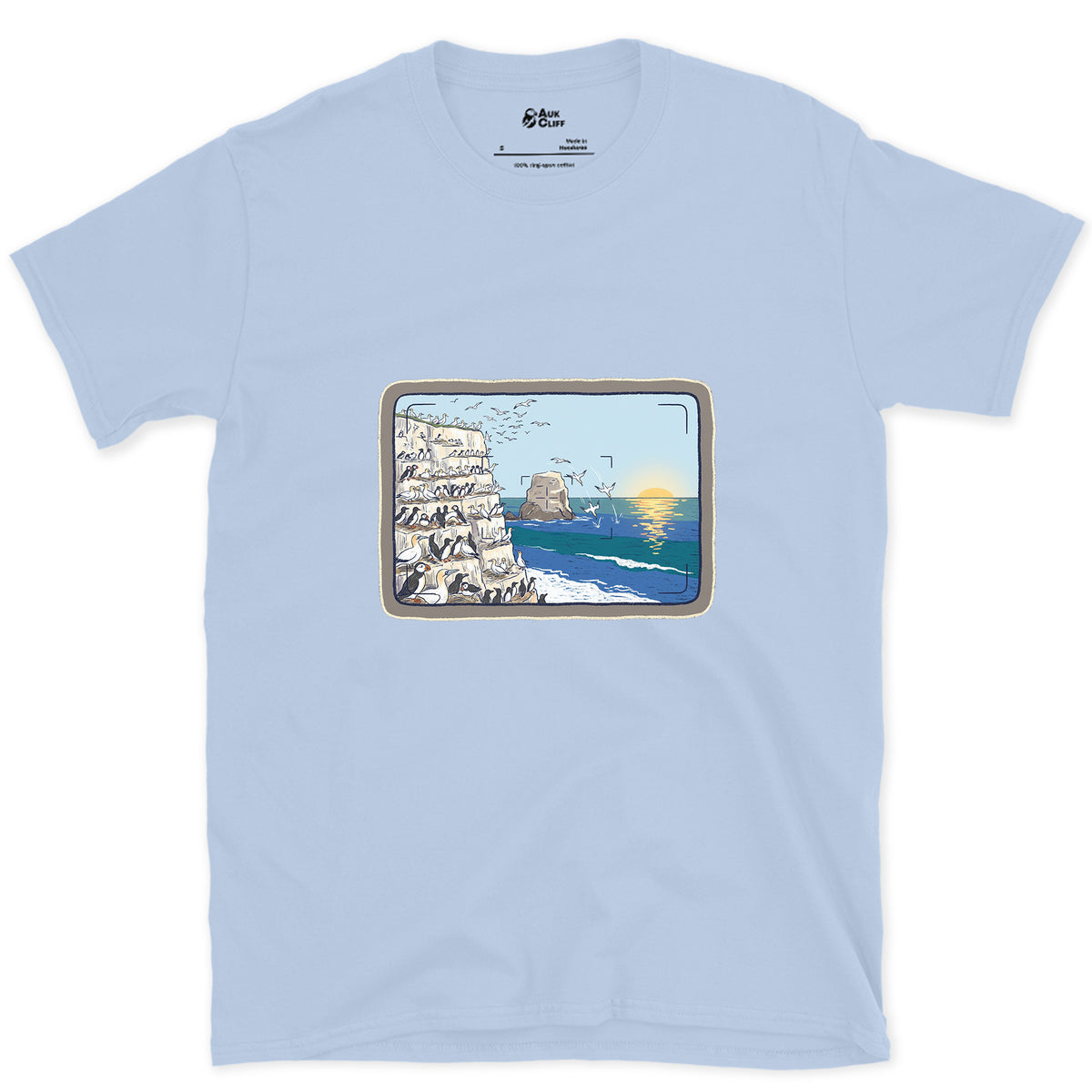 Seabird Colony Through the Viewfinder design on a Light Blue Gildan Softstyle t-shirt