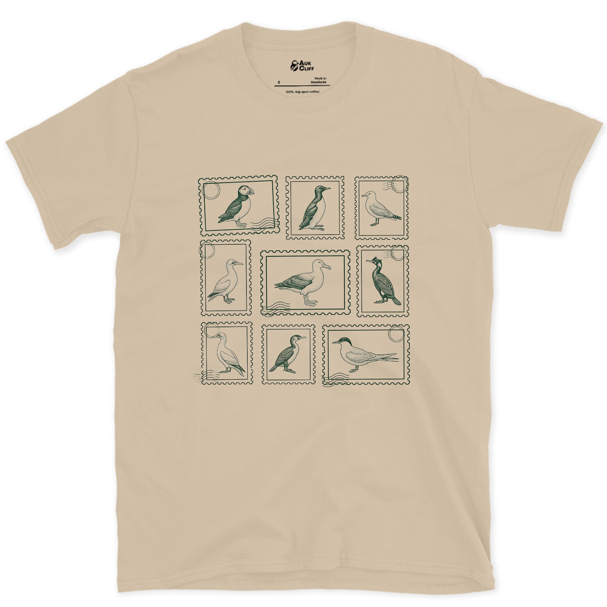 Waders and Seabirds on a Stamp Grid design on a Sand Gildan Softstyle t-shirt