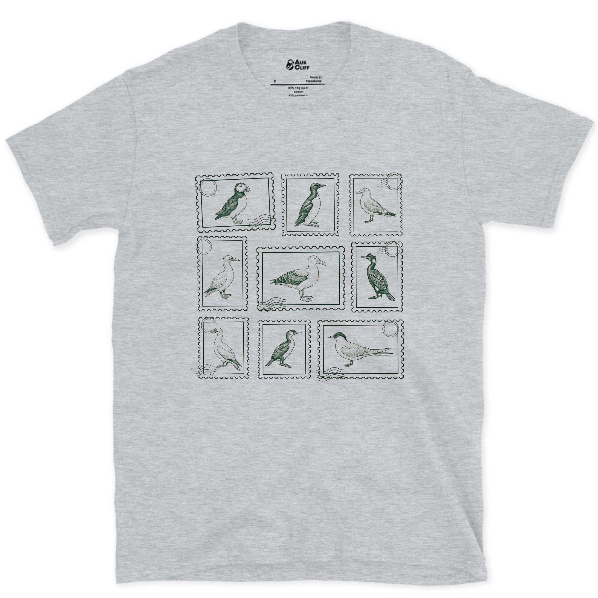 Waders and Seabirds on a Stamp Grid design on a Sport Grey Gildan Softstyle t-shirt