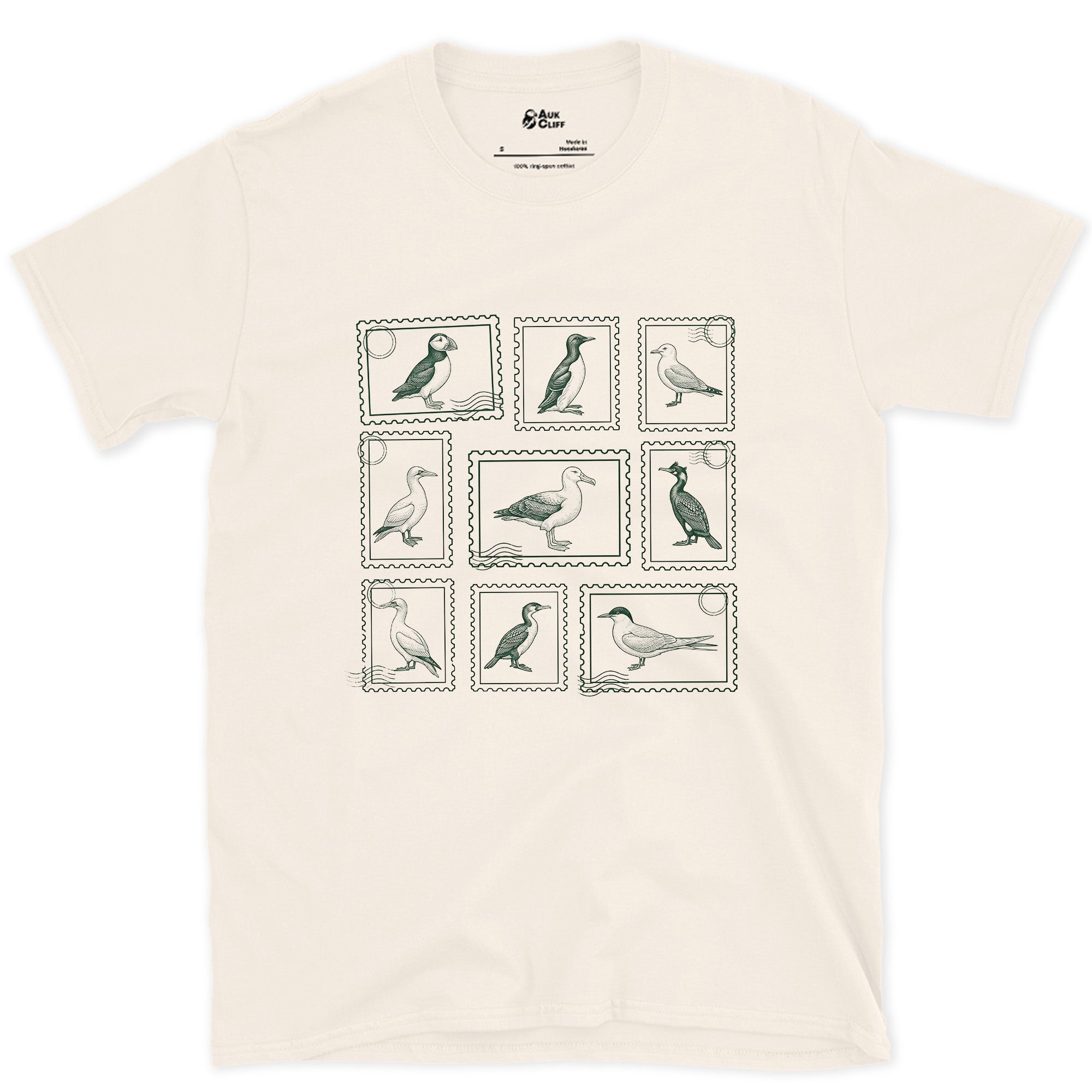 Waders and Seabirds on a Stamp Grid design on a Natural Gildan Softstyle t-shirt