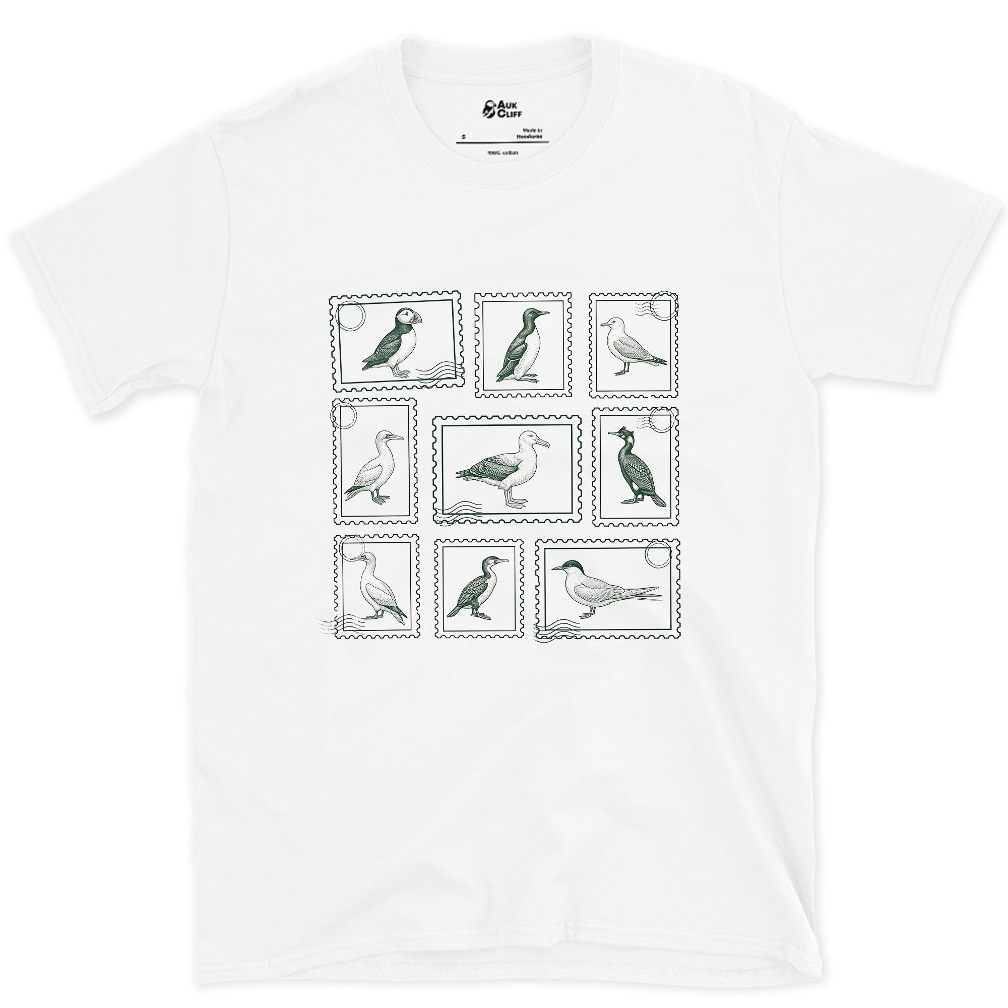 Waders and Seabirds on a Stamp Grid design on a White Gildan Softstyle t-shirt