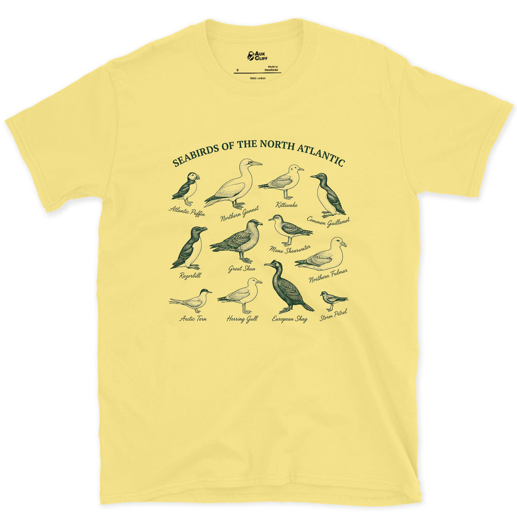 Twelve Seabirds of the North Atlantic design on a Cornsilk Gildan Softstyle t-shirt