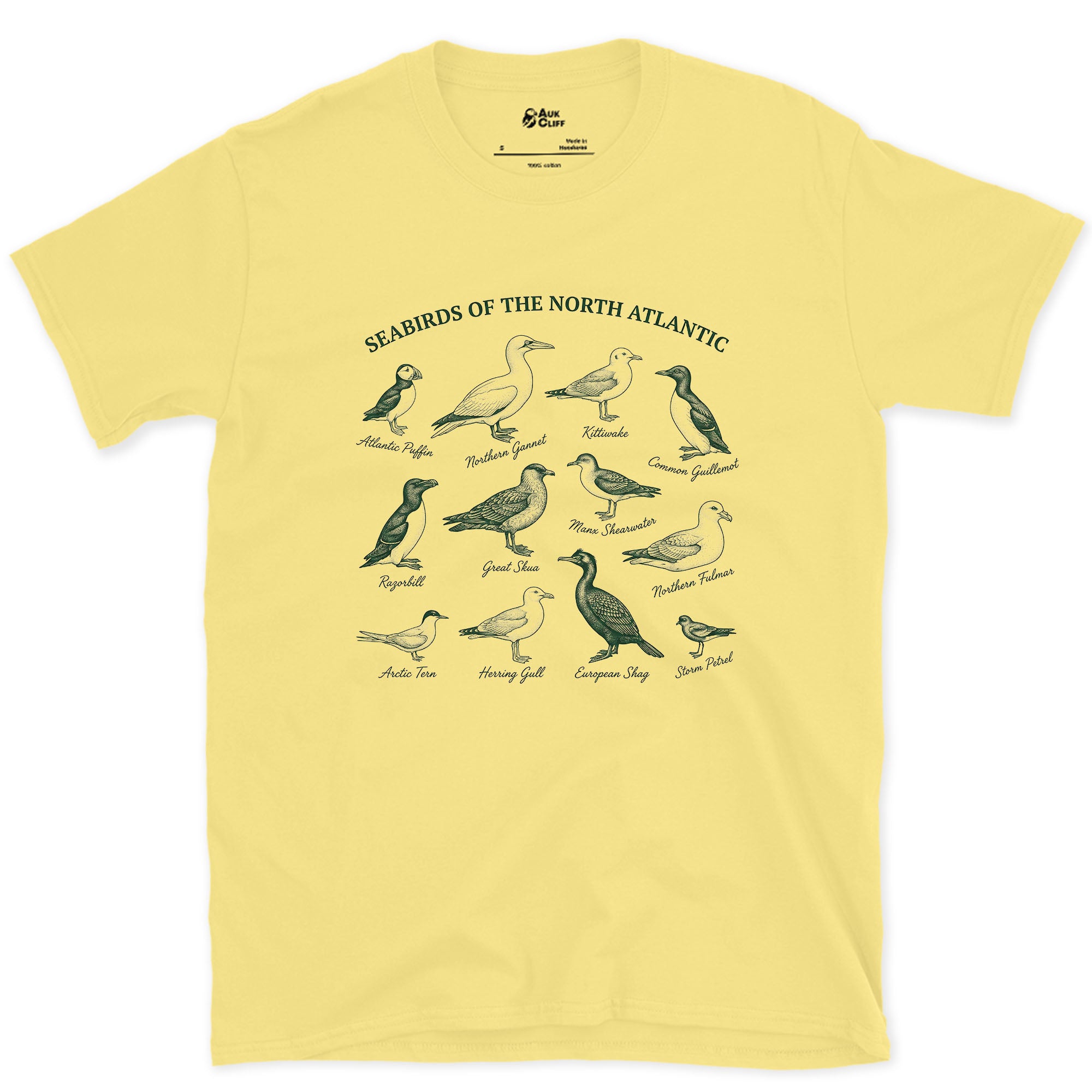 Twelve Seabirds of the North Atlantic design on a Cornsilk Gildan Softstyle t-shirt