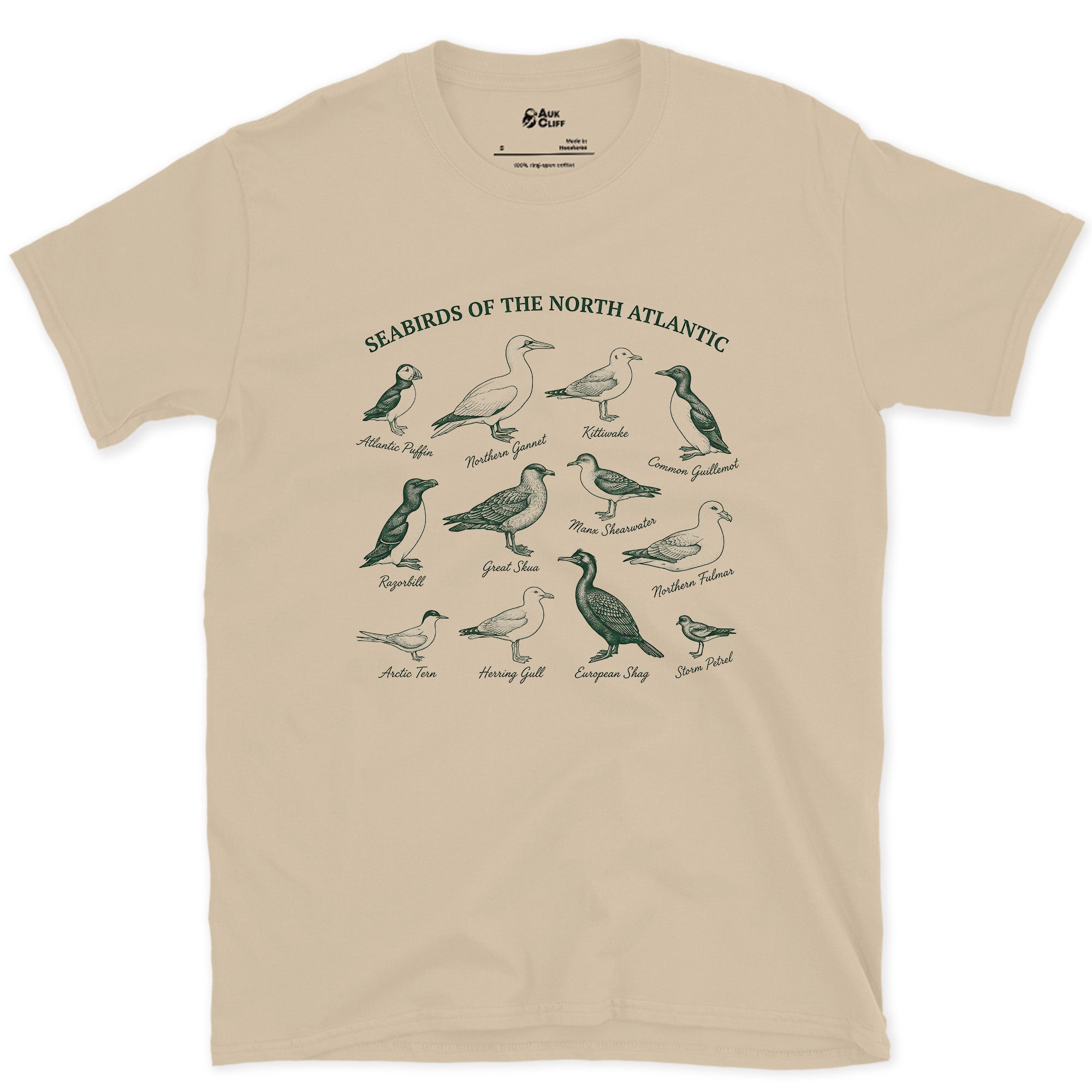 Twelve Seabirds of the North Atlantic design on a Sand Gildan Softstyle t-shirt