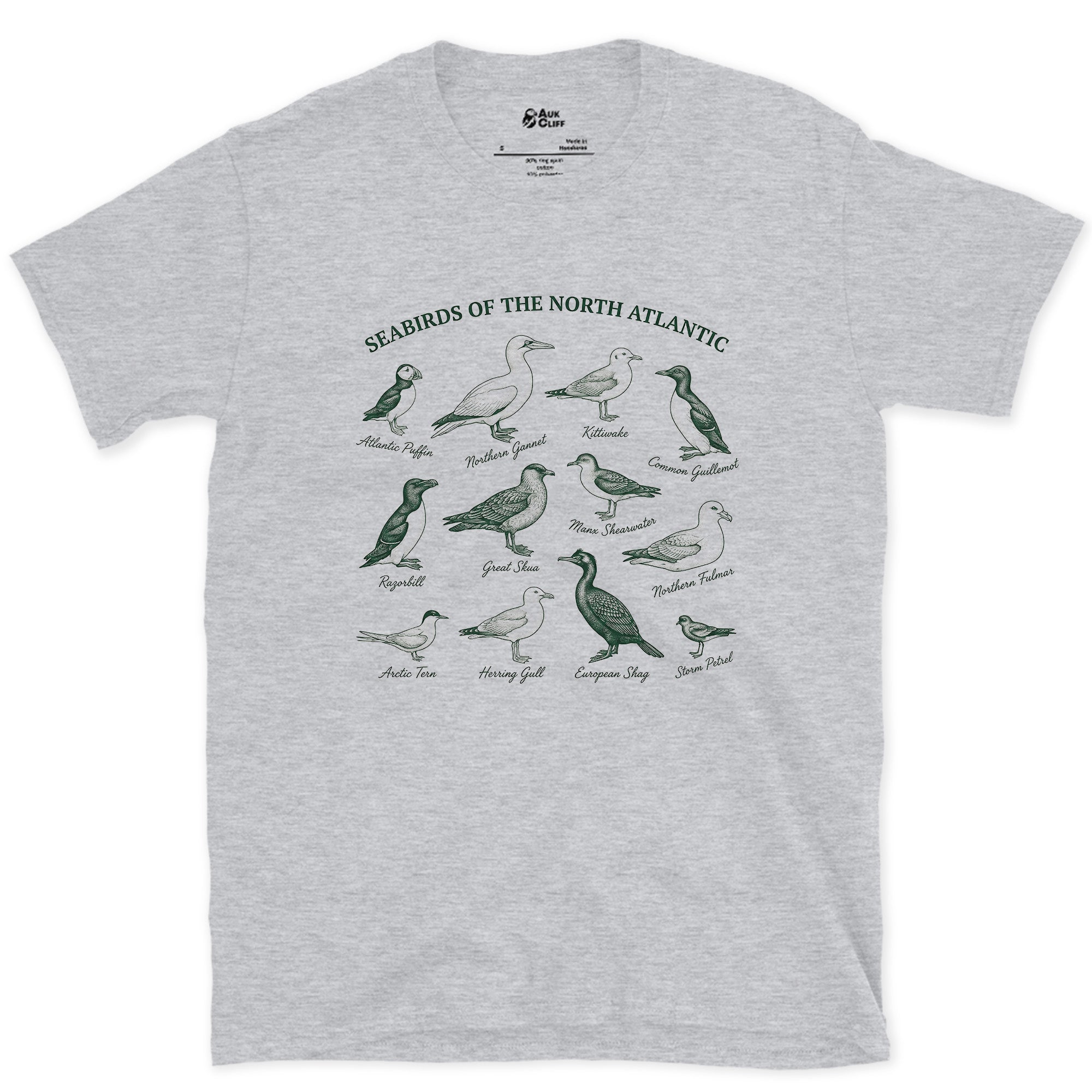 Twelve Seabirds of the North Atlantic design on a Sport Grey Gildan Softstyle t-shirt