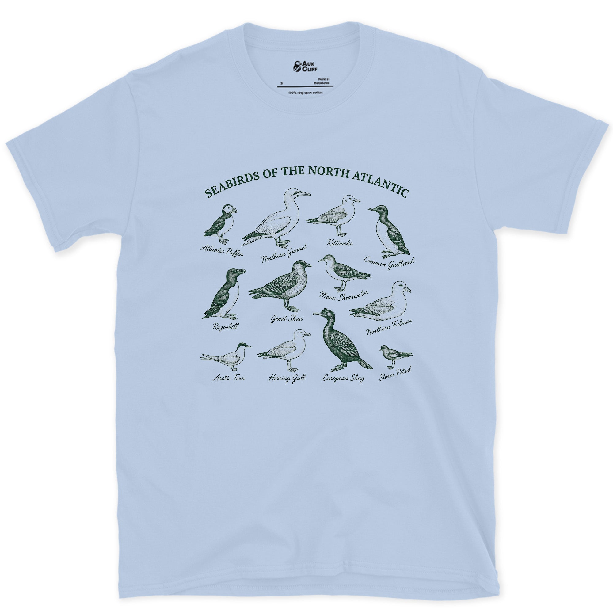 Twelve Seabirds of the North Atlantic design on a Light Blue Gildan Softstyle t-shirt