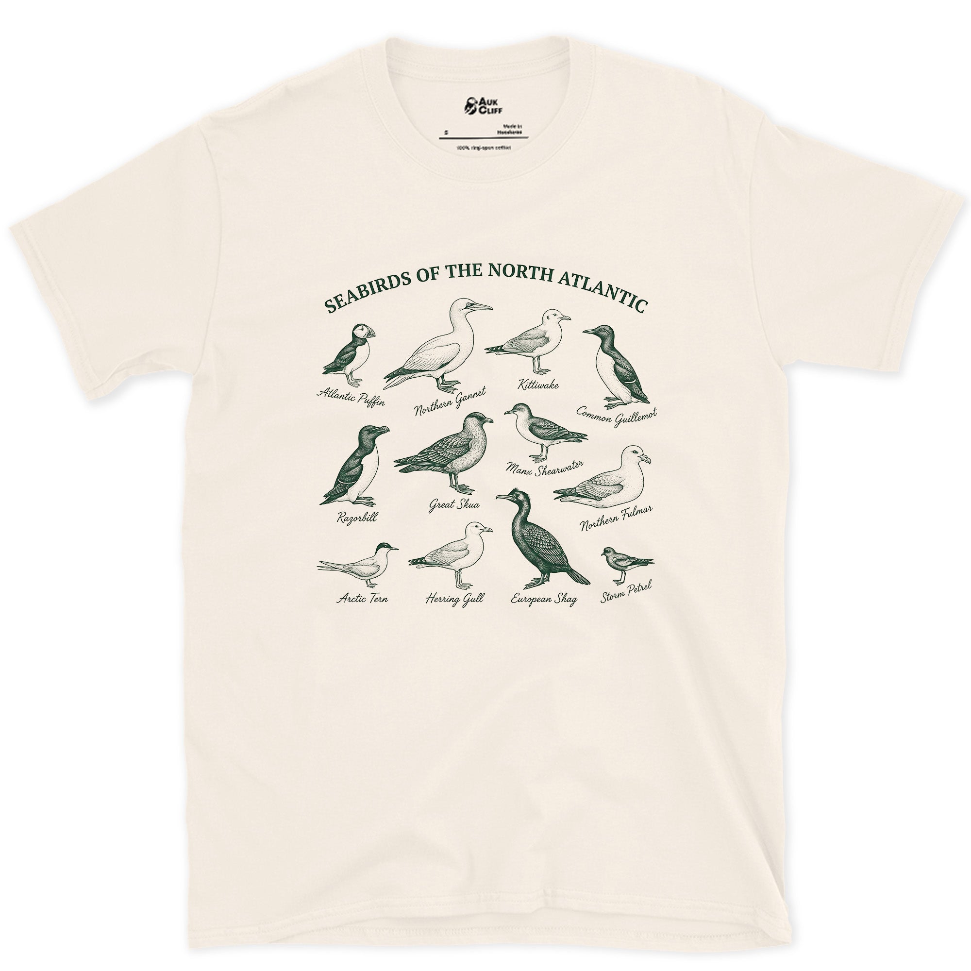 Twelve Seabirds of the North Atlantic design on a Natural Gildan Softstyle t-shirt