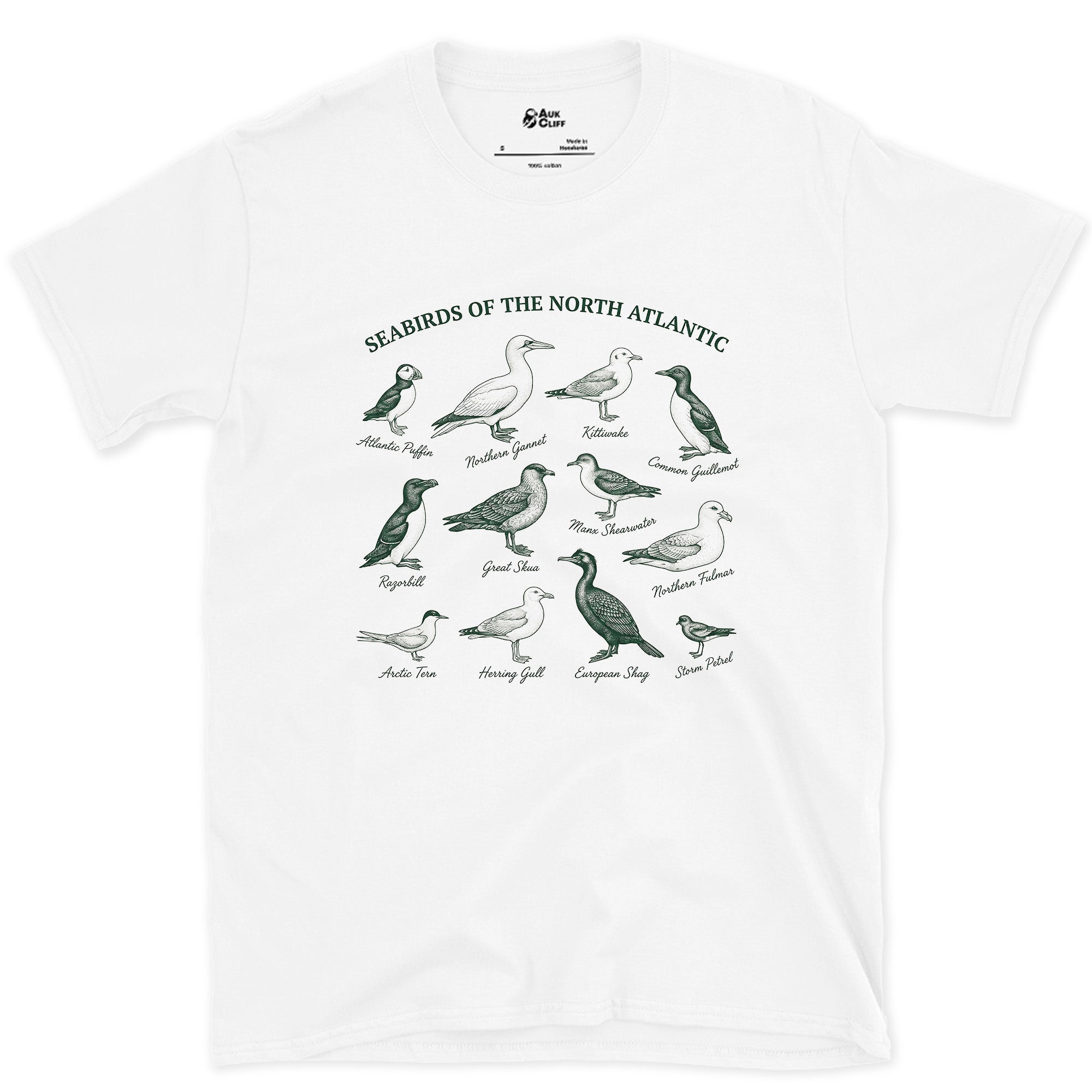 Twelve Seabirds of the North Atlantic design on a White Gildan Softstyle t-shirt
