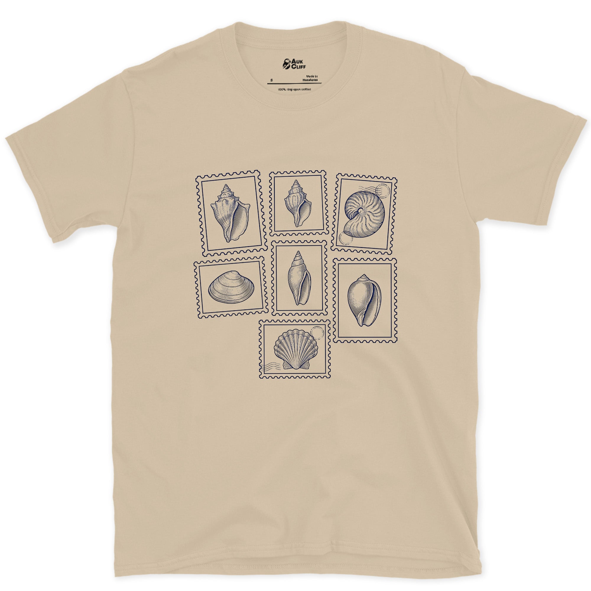 Nautilus, Conch and Scallop, Shell Stamps design on a Sand Gildan Softstyle t-shirt