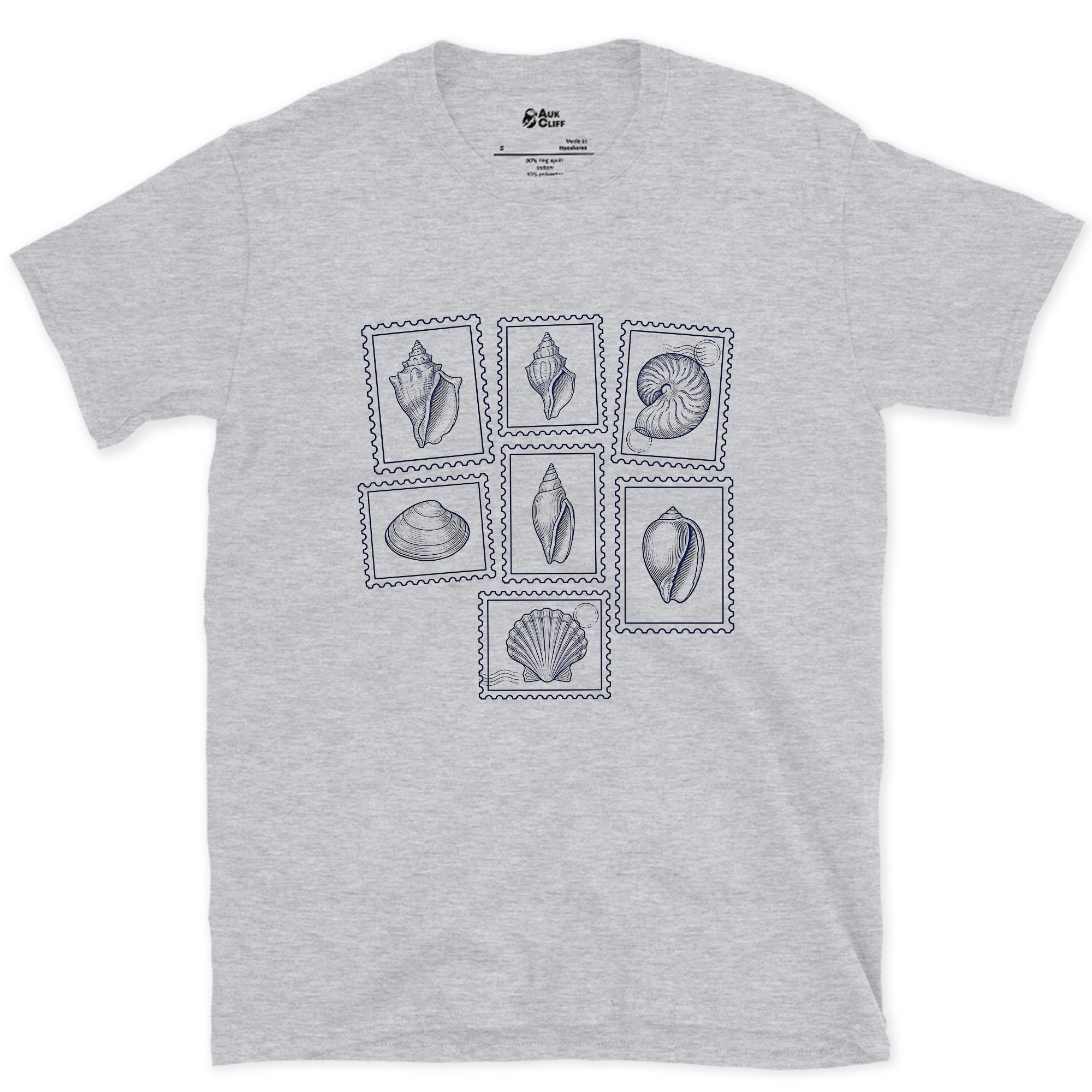 Nautilus, Conch and Scallop, Shell Stamps design on a Sport Grey Gildan Softstyle t-shirt